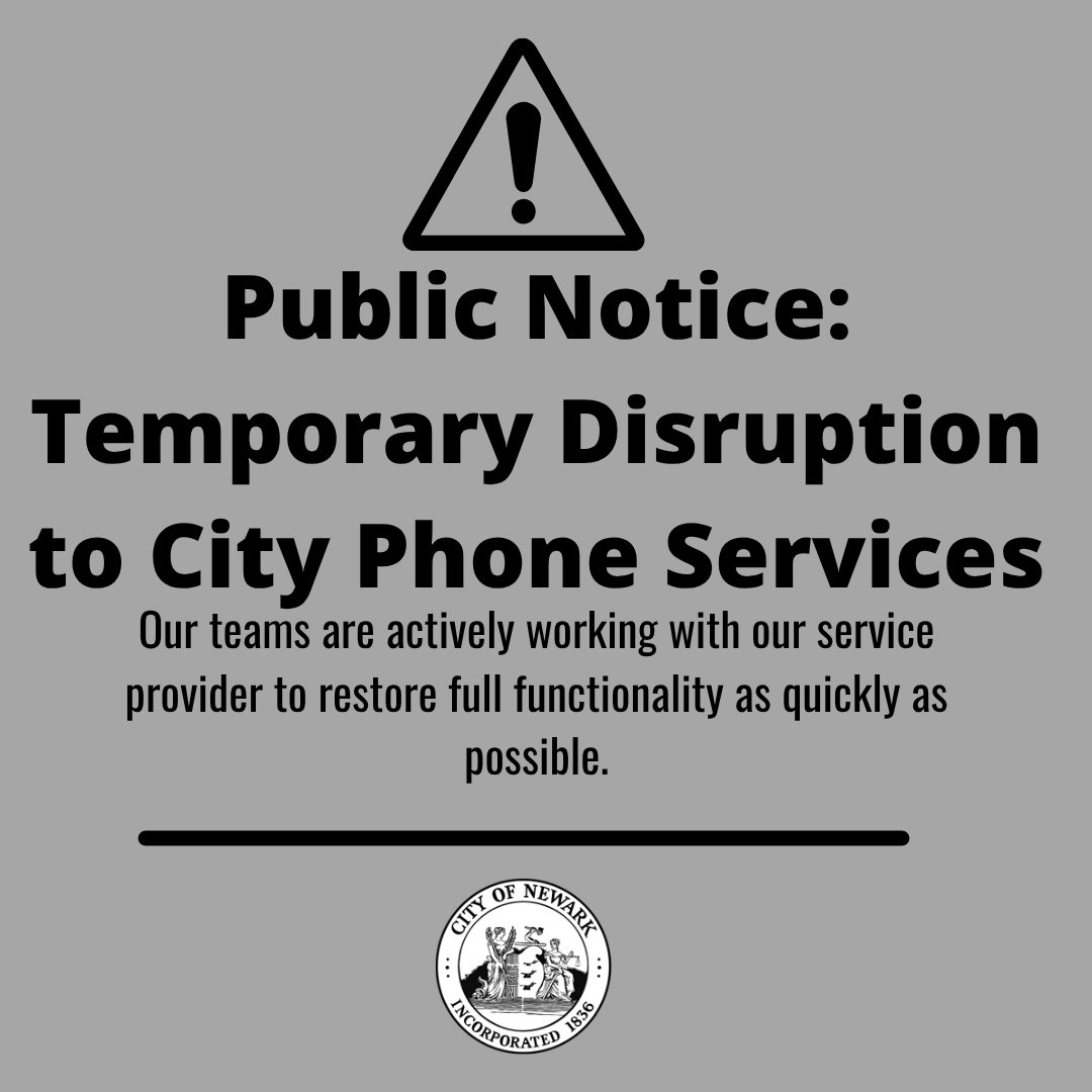 CityofNewarkNJ's tweet image. Public Notice: Temporary Disruption to City Phone Services
Some departments have temporary phone service disruptions. We are actively working with our provider to resolve.
911 is NOT affected by this issue.
Email temporary address for help: citycomplaints@ci.newark.nj.us