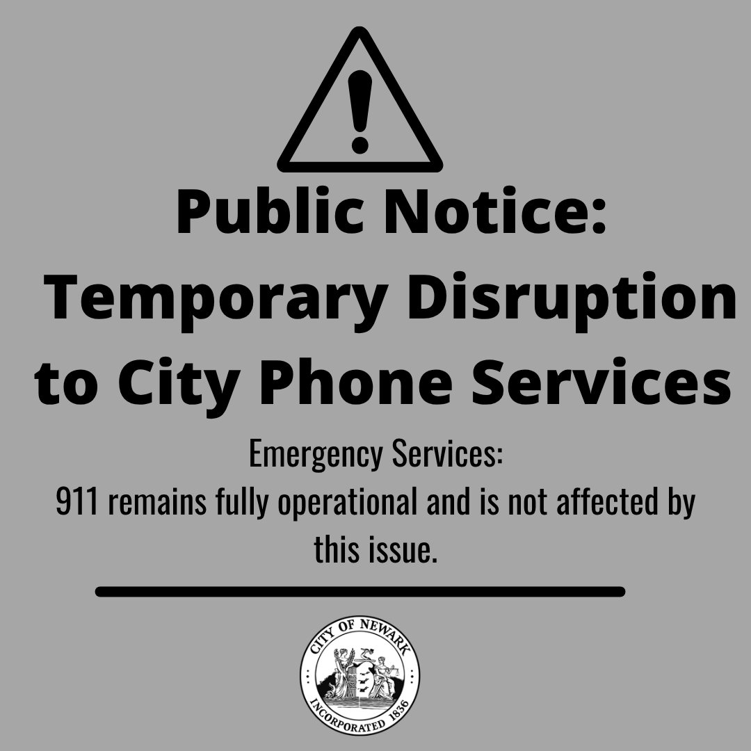 CityofNewarkNJ's tweet image. Public Notice: Temporary Disruption to City Phone Services
Some departments have temporary phone service disruptions. We are actively working with our provider to resolve.
911 is NOT affected by this issue.
Email temporary address for help: citycomplaints@ci.newark.nj.us