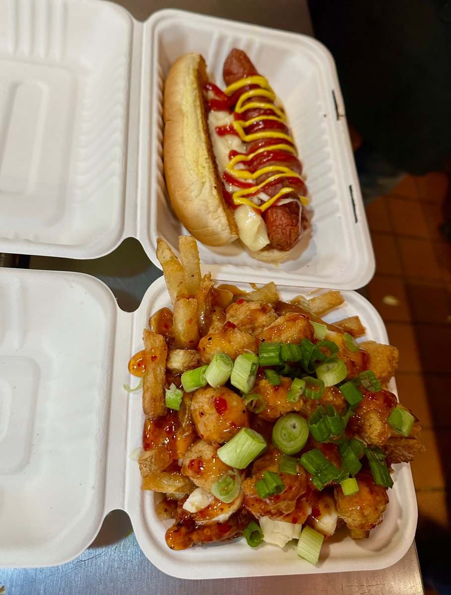A Jumbo Dog and Thai Chili Chicken Poutine. Why not?