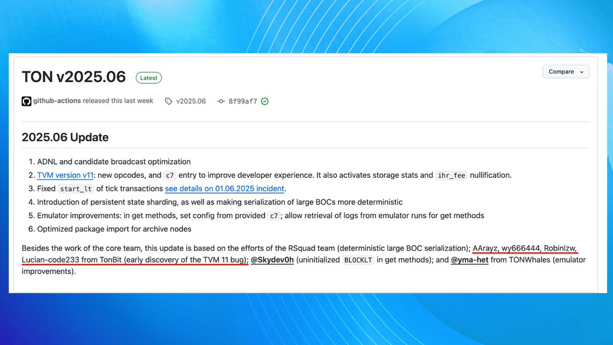 🚨 TonBit has once again uncovered a critical vulnerability in the TON Virtual Machine (master branch / TVM v2025.04): the INMSGPARAM instruction fails to perform a null-pointer check when handling message parameters, a flaw deeply embedded in TVM’s internal call flow.