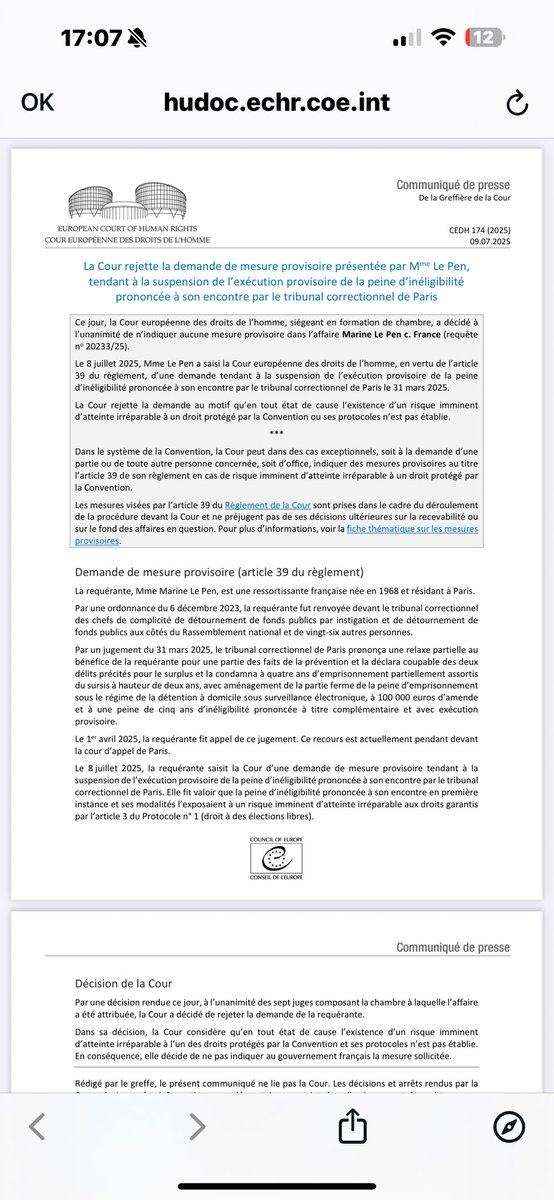 CEDH : mesure provisoire demandée par Madame Le Pen rejetée