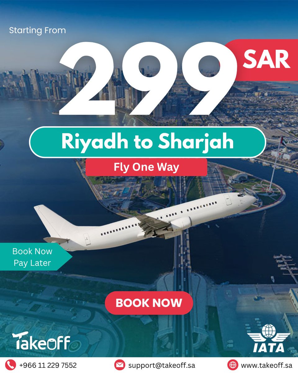takeoff_saudi's tweet photo. Looking for an affordable getaway? Now fly from Riyadh to Sharjah starting at just 299 SAR one way only with #TakeOff! 

Limited seats – grab yours now! 📢  

📲 WhatsApp your inquiries: +966 11 229 7552 
🌐 Visit: https://t.co/x7mGFNXmQS 

#Flights #Sharjah #TravelDeals #Travel https://t.co/y0D5nCYNp4