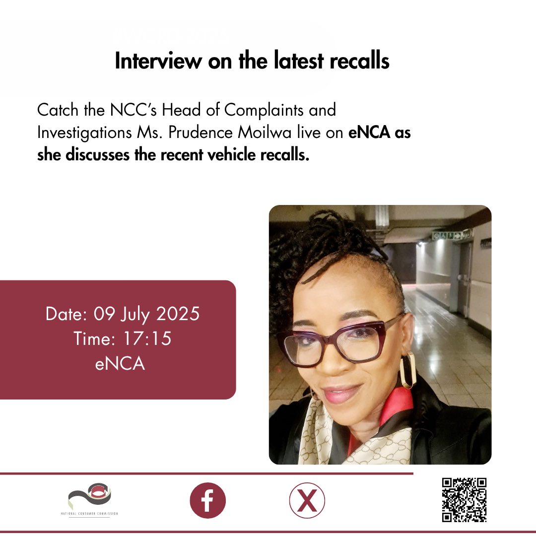 TheNCC_RSA's tweet image. Tune in to @eNCA now at 17:15 as Ms Moilwa addresses the recent vehicle recalls. Your safety comes first. @PhethoN @the_dtic