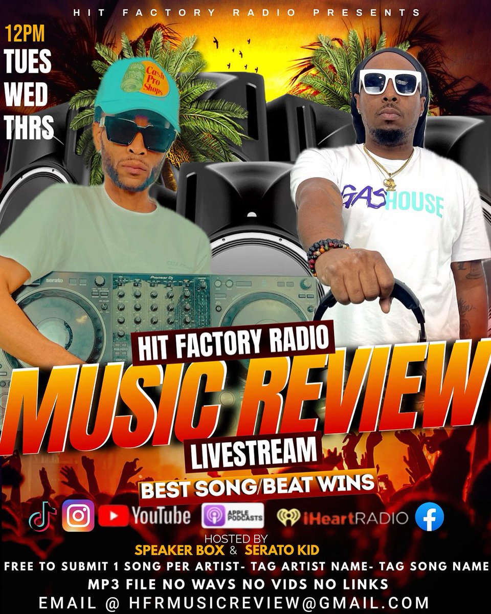 HitFactoryRadio's tweet image. Send Your Song Now For Your Chance To Win Spins + Promo on @HitFactoryRadio 
( hfrmusicreview@gmail.com ) 
TAG ARTIST NAME + SONG NAME + PRODUCER • MP3 File Only • No Links No Wav Files • Free To Submit One Song Per Artist • Skip Line $10 • Show starts at 12pm on YouTube