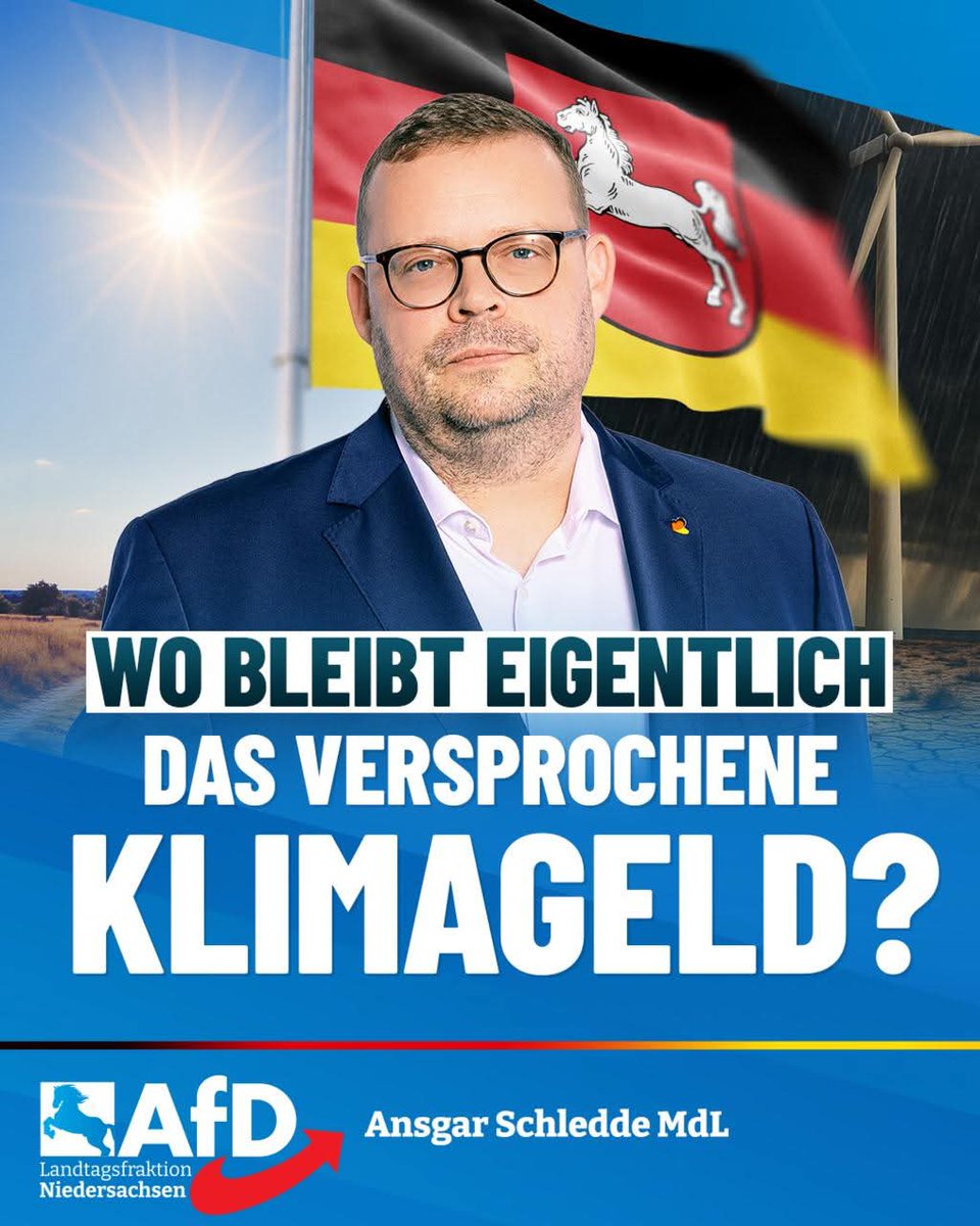 AfDFraktionNDS's tweet image. ++ Wo bleibt eigentlich das versprochene „#Klimageld“? ++
„Das Drama rund um das sogenannte ‚Klimageld‘ zeigt, dass die Altparteien kein Interesse haben, unsere Bürger finanziell zu entlasten“, erläutert @Ansgar_Schledde, Sprecher für Energiepolitik der #AfD-Fraktion…