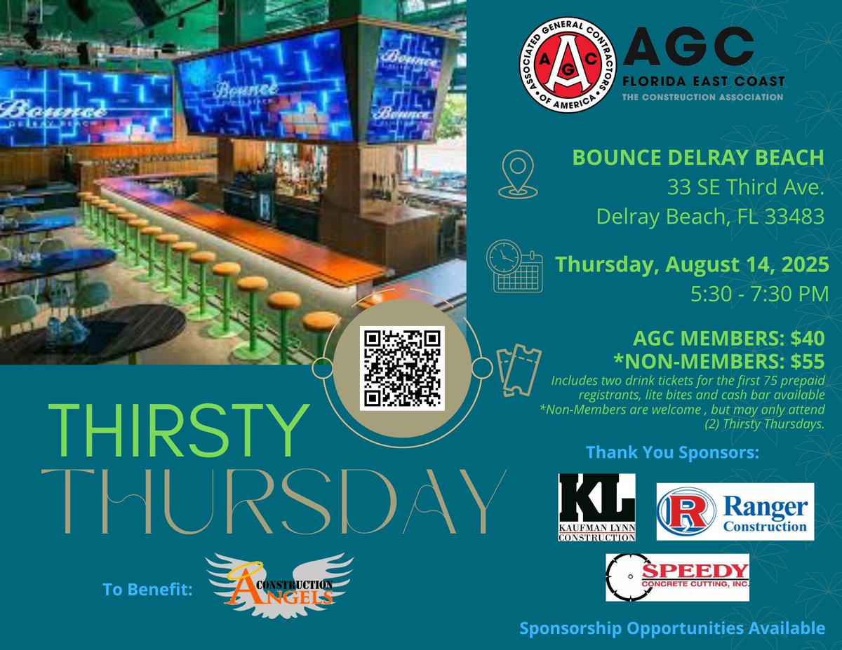 ✨ Join us for our next Thirsty Thursday, August 14th at Bounce in Delray Beach, FL for an evening of networking.✨

Click here to register:
lnkd.in/eUhihvvK

#FloridaGeneralContractors #SpecialtyContractors #Suppliers #ServiceProviders #Construction #AGCFECMemberStrong