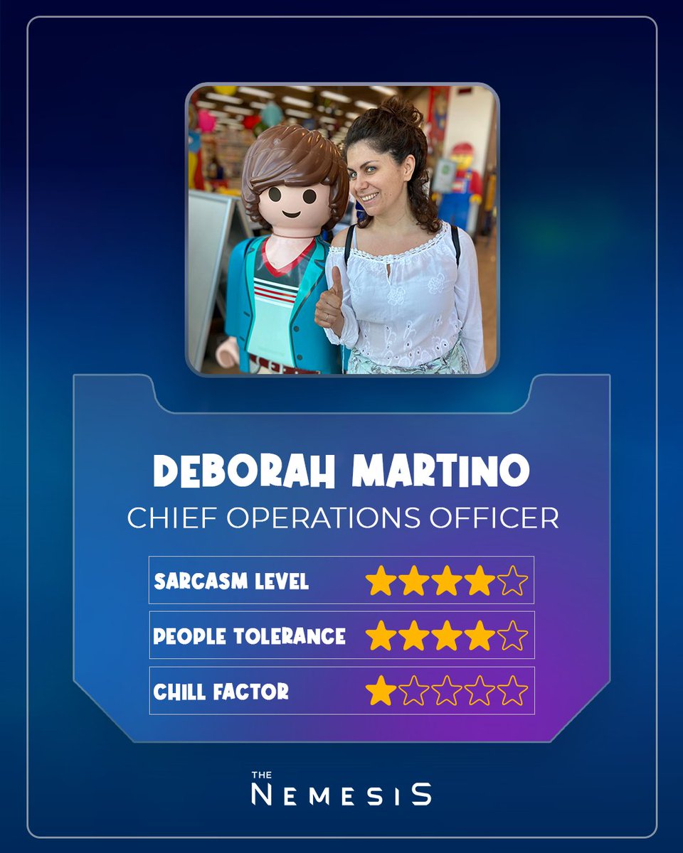 Let’s meet another key human behind #TheNemesis 🔧

This is Deborah Martino, our Chief Operations Officer.
She keeps the engine running handling legal, financial, contracts &amp; more.

🔸Childhood dream? Ballerina 🩰
🔸Motto? The early bird catches the worm.

#Web3 #People