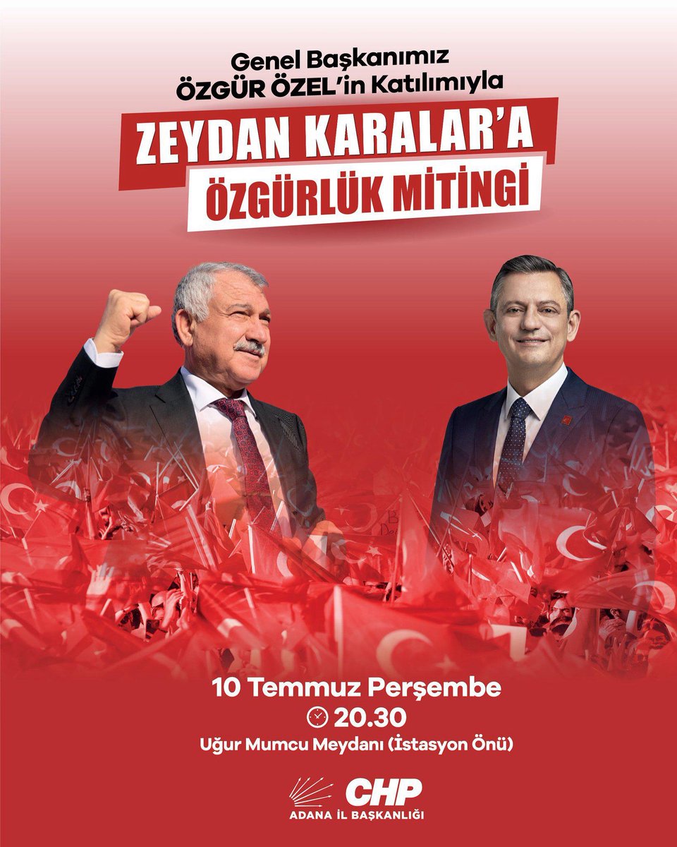 erhanadem51's tweet photo. Zeydan Karalar’a Özgürlük Mitingi

Genel Başkanımız Sayın Özgür Özel’in katılımıyla Zeydan Karalar’a ve tüm belediye başkanlarımıza özgürlük diye haykırmak için buluşuyoruz.

Tarih: 10 Temmuz Perşembe
Saat: 20.30 
Yer: Uğur Mumcu Meydanı (istasyon önü) https://t.co/qzDqtdFWIp