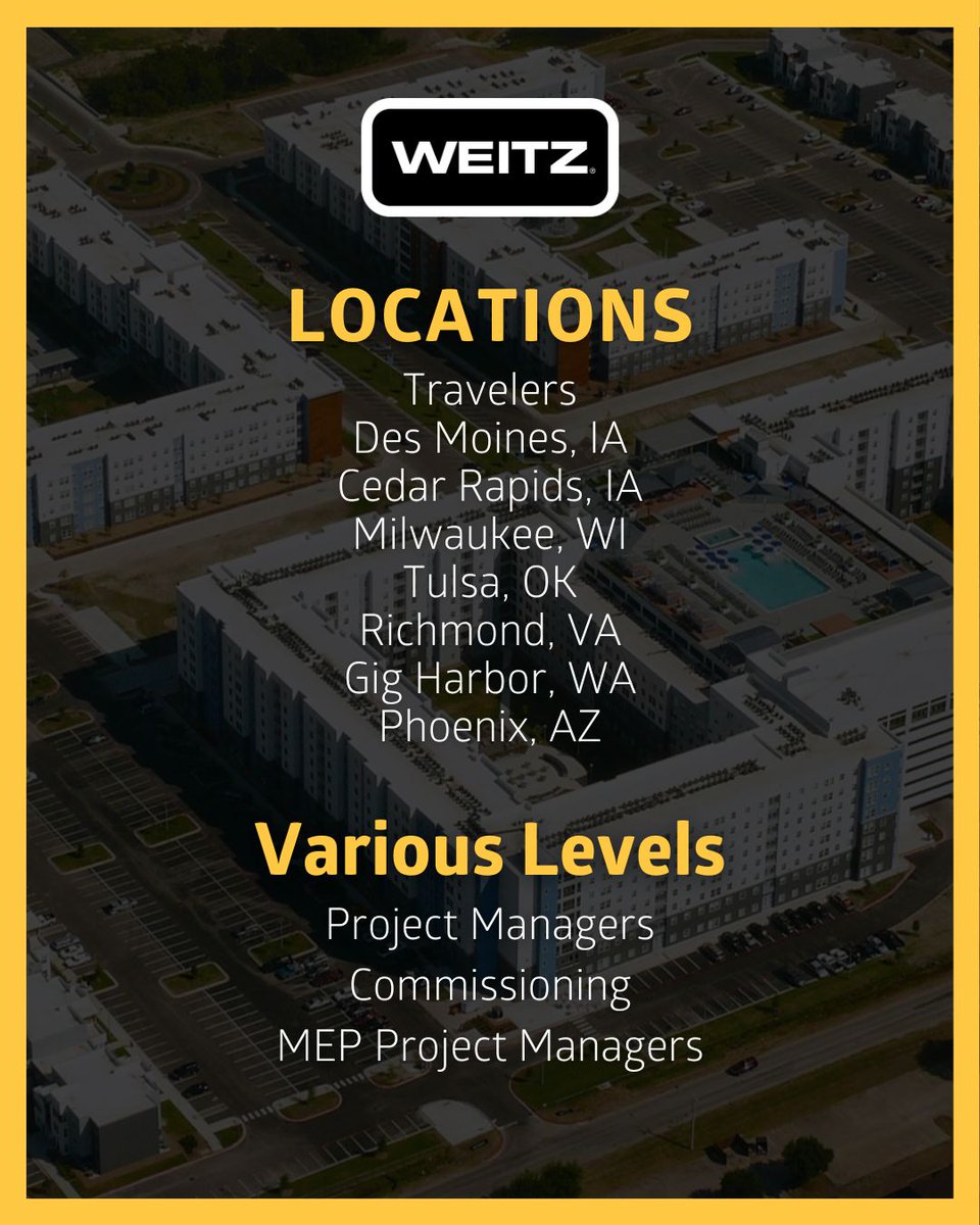 TheWeitzCompany's tweet photo. The Weitz Company is actively seeking Project Managers at various levels and locations to join our growing team. Join us in building a better way!
Learn more at https://t.co/ozpchREsYH
#BuildABetterWay #ConstructionCareers https://t.co/jJjdI5hl2v