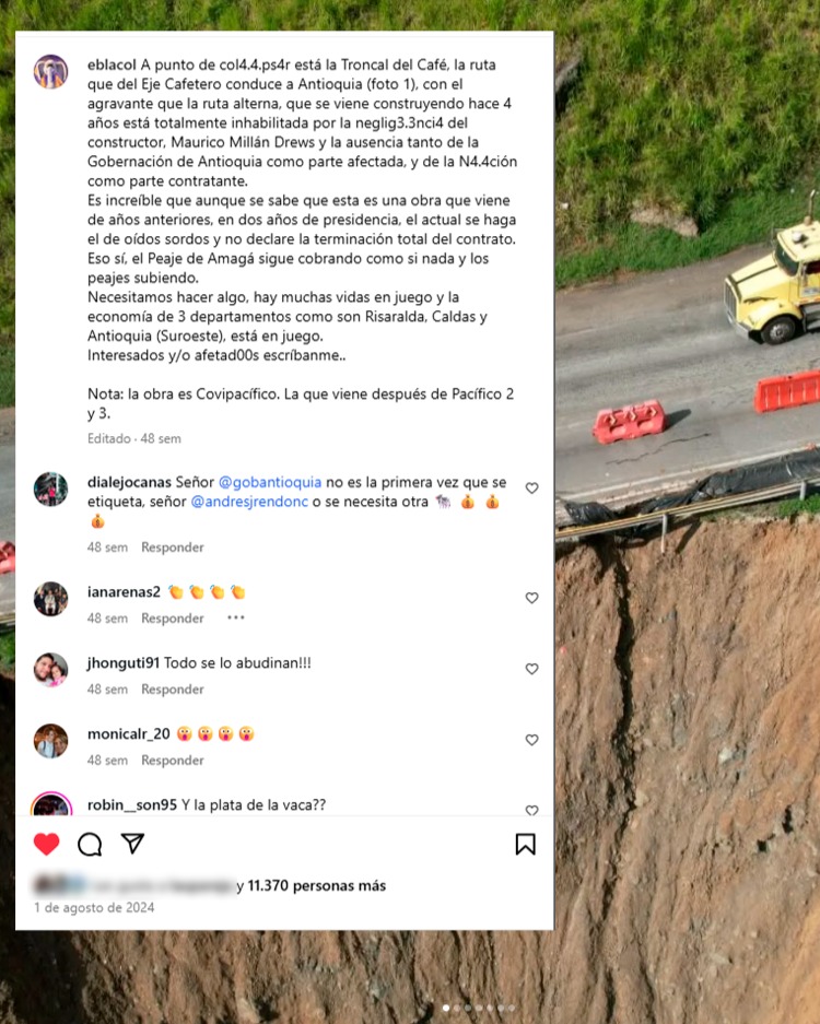 elefantescol's tweet image. Hace 11 meses advertí del riesgo de colapso de la Troncal del Café, @ANI_Colombia guardó silencio pa' no exigirle a Covipacífico quien aún era responsable contractual.
Eso sin contar q anunciaron arreglar el daño dizque en 5 meses, pero a 1 mes largo del anuncio ni han empezado.