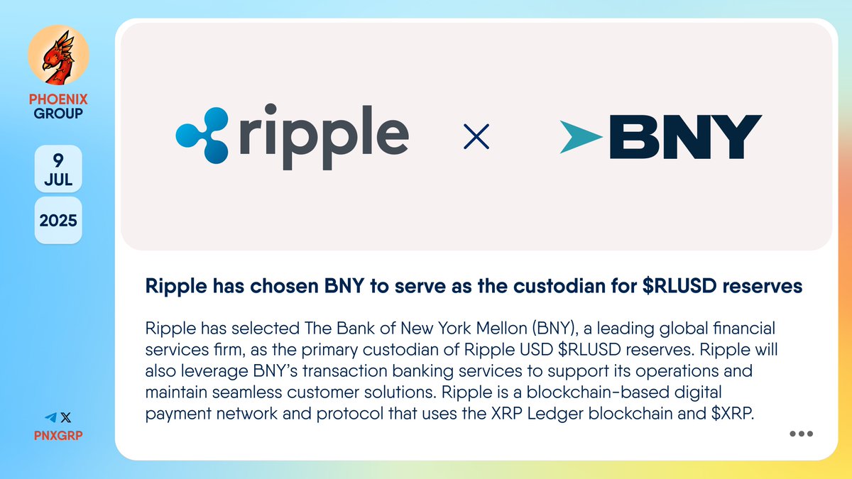 🔥 @Ripple has chosen @BNYglobal to serve as the custodian for $RLUSD  reserves #Ripple has selected The Bank of New York Mellon #BNY, a leading  global financial services firm, as the primary