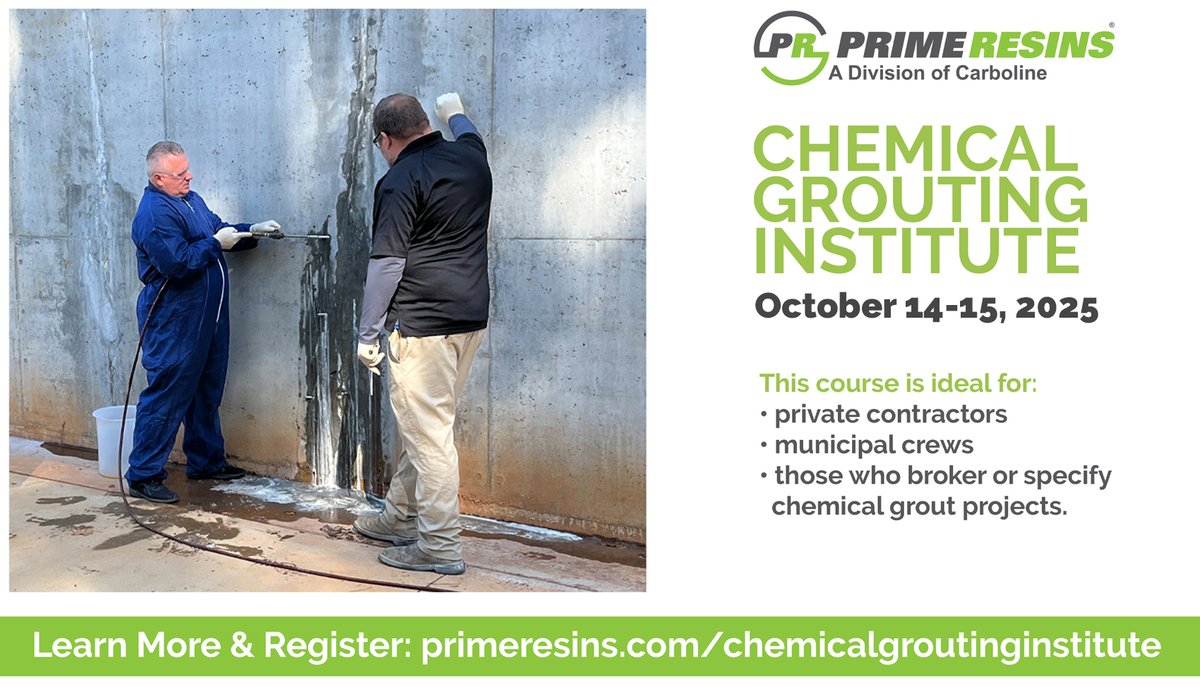 PrimeResins's tweet photo. 🚨 The dates are set 🚨 
Our next Chemical Grouting Institute is set for October 14-15. Registration is now open for this educational opportunity that combines classroom and hands-on education surrounding leak sealing, soil stabilization, slab lifting and industrial floor repair. https://t.co/v2TMdsCgWw
