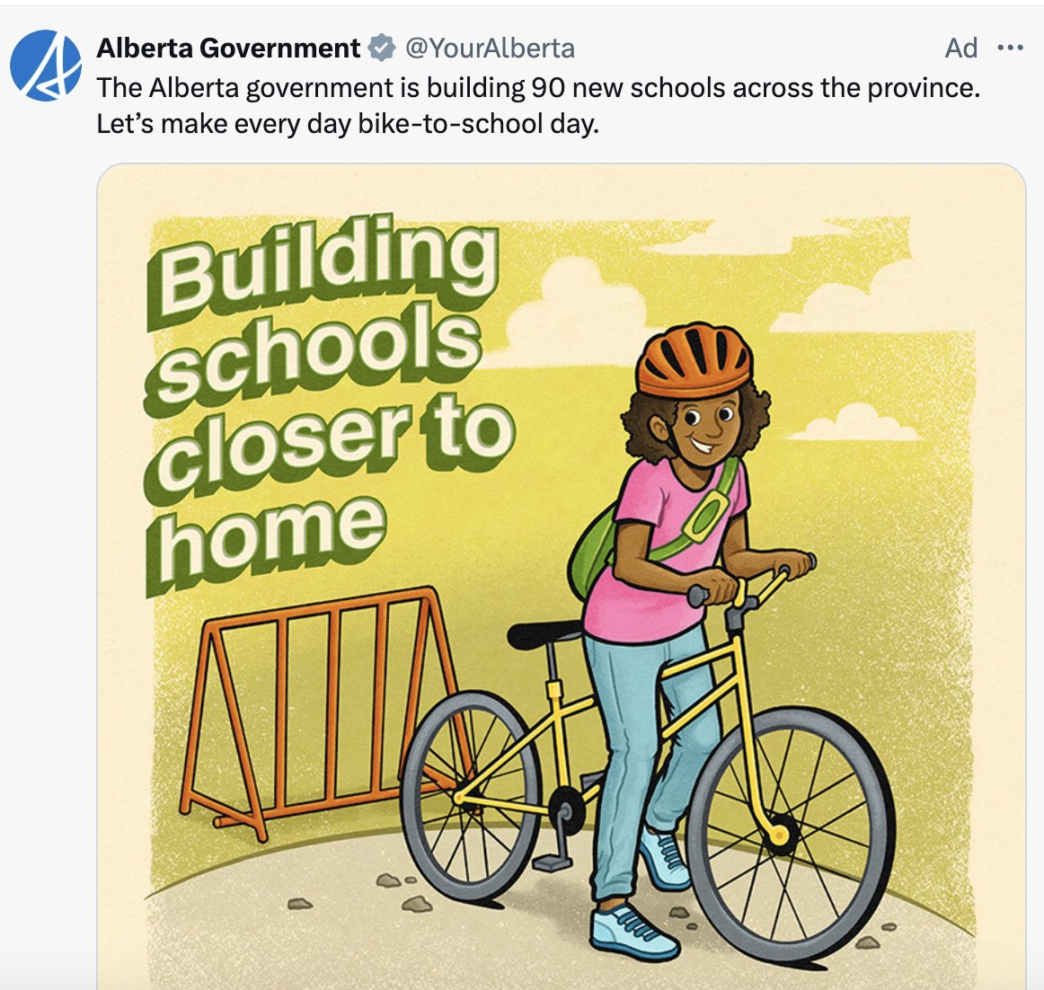 tylerrdawson's tweet image. The Alberta government advertising biking to school while pressuring municipalities to tear up bike lanes.