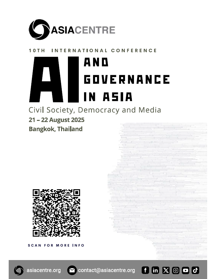 GloDemCoalition's tweet image. What role should artificial intelligence play in shaping the future of democracy, media, and civil society in Asia?
Our coalition partner @asiacentre_org invites is having its 10th Annual International Conference on 21–22 August 2025 in Bangkok, Thailand. This year’s conference…