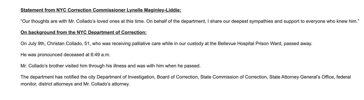 Jacob_Kaye_'s tweet image. Another man died in DOC custody today. Christian Collado, 51, had stage 4 cancer and was being treated at Bellevue before his death. Collado's attorney told me the Queens DA rebuffed multiple requests to dismiss the charges against the terminally ill defendant