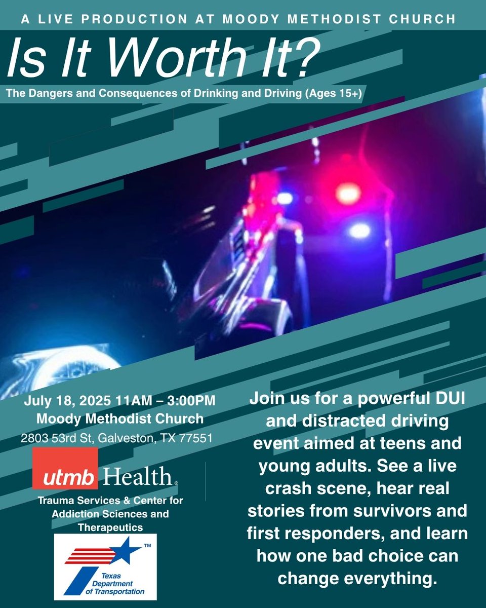 utmbhealth's tweet image. Teens, families, and community members: Experience the real impact of impaired driving at our "Is It Worth It?" event. From staged crash scenes to guest speakers, this eye-opening program on July 18 from 11AM-3PM aims to educate and prevent tragedies on our roads. Details below.