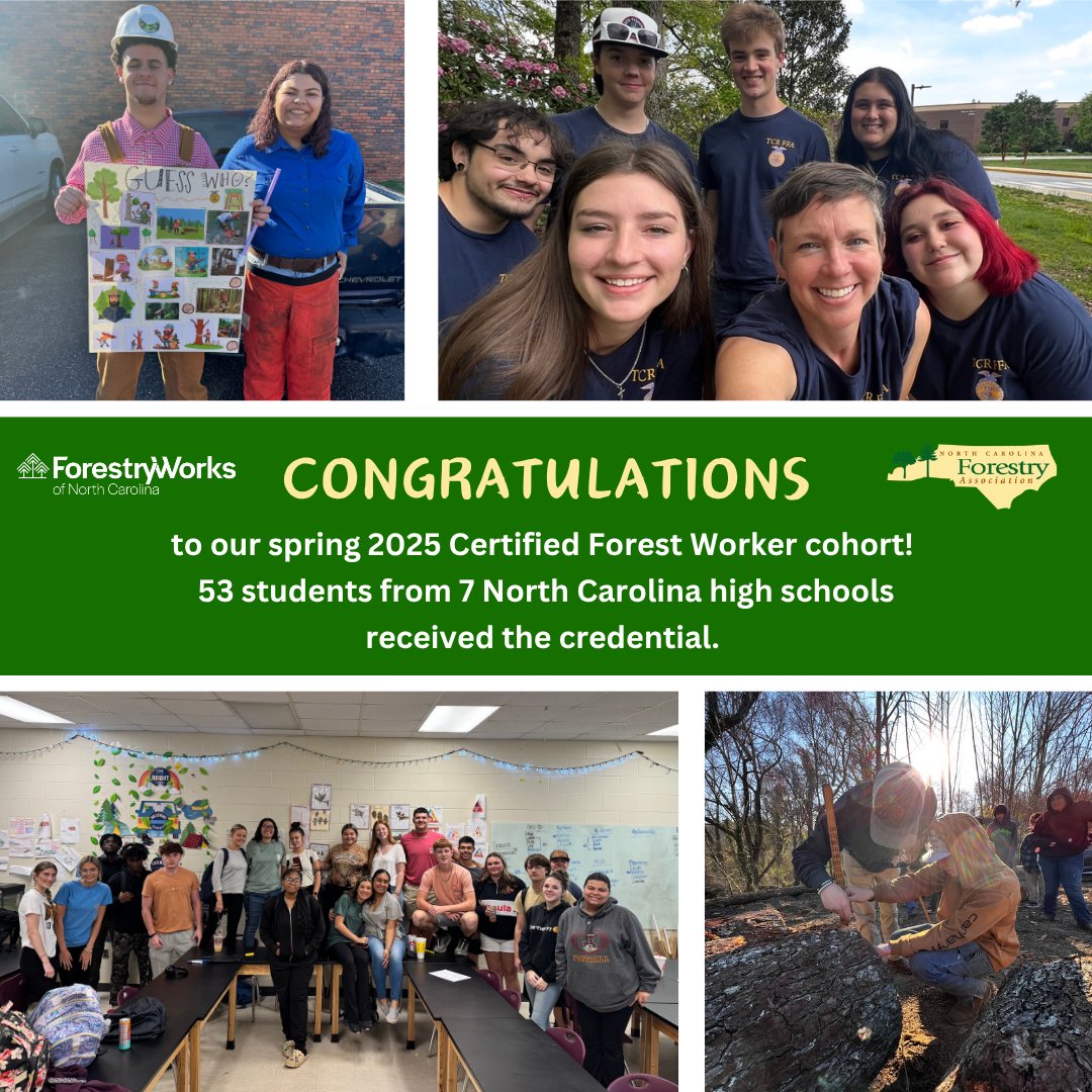 NCForestryAssoc's tweet image. 🎉Congrats to our spring 2025 Forest Worker Cohort from the following schools:

T.C. Roberson High School (@GFMediaGroup) 
@lhspirates 
Madison High School 
Martin County Innovation Center
Bear Grass Charter School
Montgomery Central High School

#ncforestry #forestryeducation