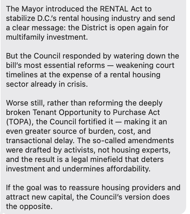 The real estate industry is also speaking out against the committee's changes to the bill. Here's a statement from Small Multifamily Owners Association CEO Dean Hunter: