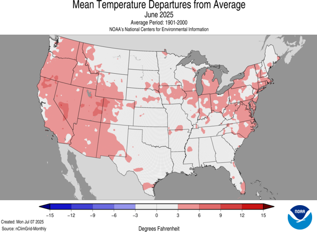 Just in: Heat wave at month's end made #June 2025 7th-warmest June on record for U.S.

See this month's report with maps and images at: 
ncei.noaa.gov/news/national-…

via <a href="/NOAANCEI/">NOAA NCEI</a>