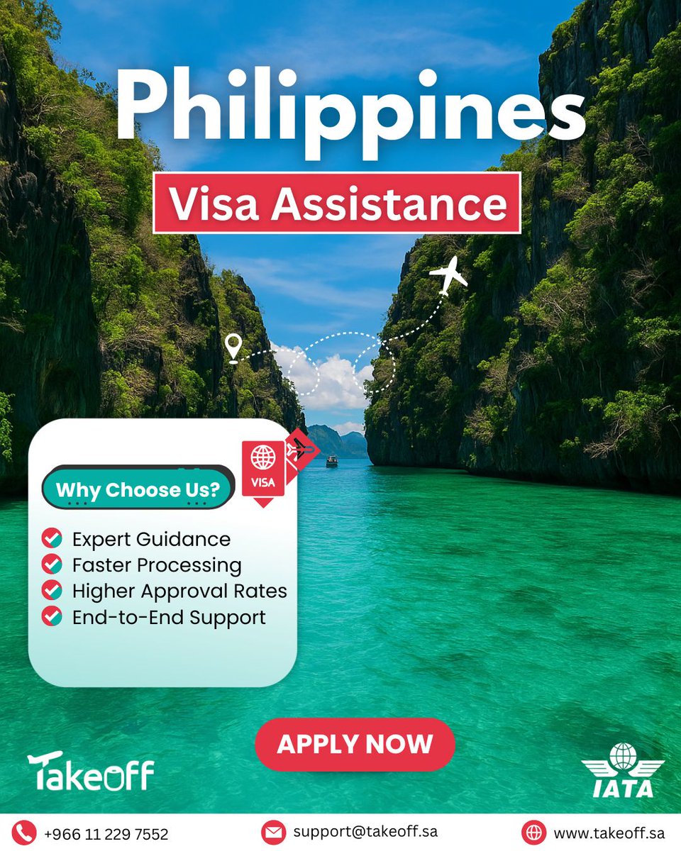 takeoff_saudi's tweet photo. Planning to visit the Philippines? We’ll handle the visa hassle! Enjoy expert guidance, fast processing, and high approval rates with #TakeOff. ✈️  

📲 WhatsApp your inquiries: +966 11 229 7552 |🌐 Book now: https://t.co/x7mGFNXmQS  

#Philippines #Visa #Travel #Holiday #Explore https://t.co/Mh2P9qp9G9