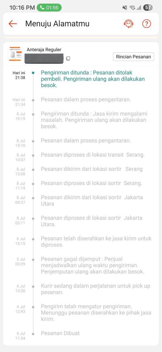 AlvinHalim's tweet photo. @anteraja_id @AnterajaCare ini paketnya ditunggu dari beberapa hari, udah lama banget, pakai alasan:
1. Jasa kirim mengalami masalah - cuma beda 1 menit dari waktu pengiriman
2. Besoknya pakai alasan ditolak pembeli. Cuma jeda 4 menit.
3. Waktu pickup juga delay.
Jelek banget. https://t.co/YHhPVRVrNN