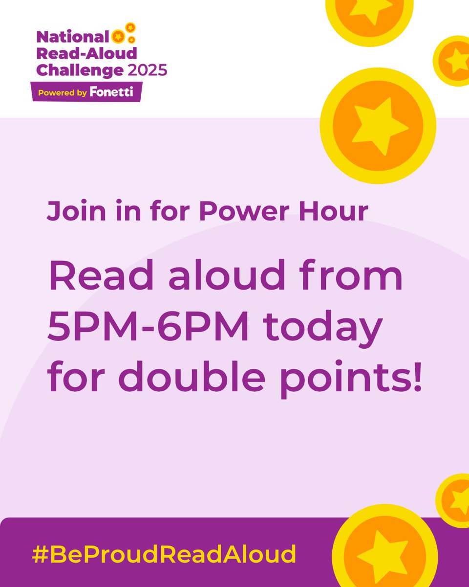 👀Double the points, double the fun!

Plan your reading time today between 5PM - 6PM to earn double points in the #NationalReadAloudChallenge...

#BeProudReadAloud #UKReadAloud