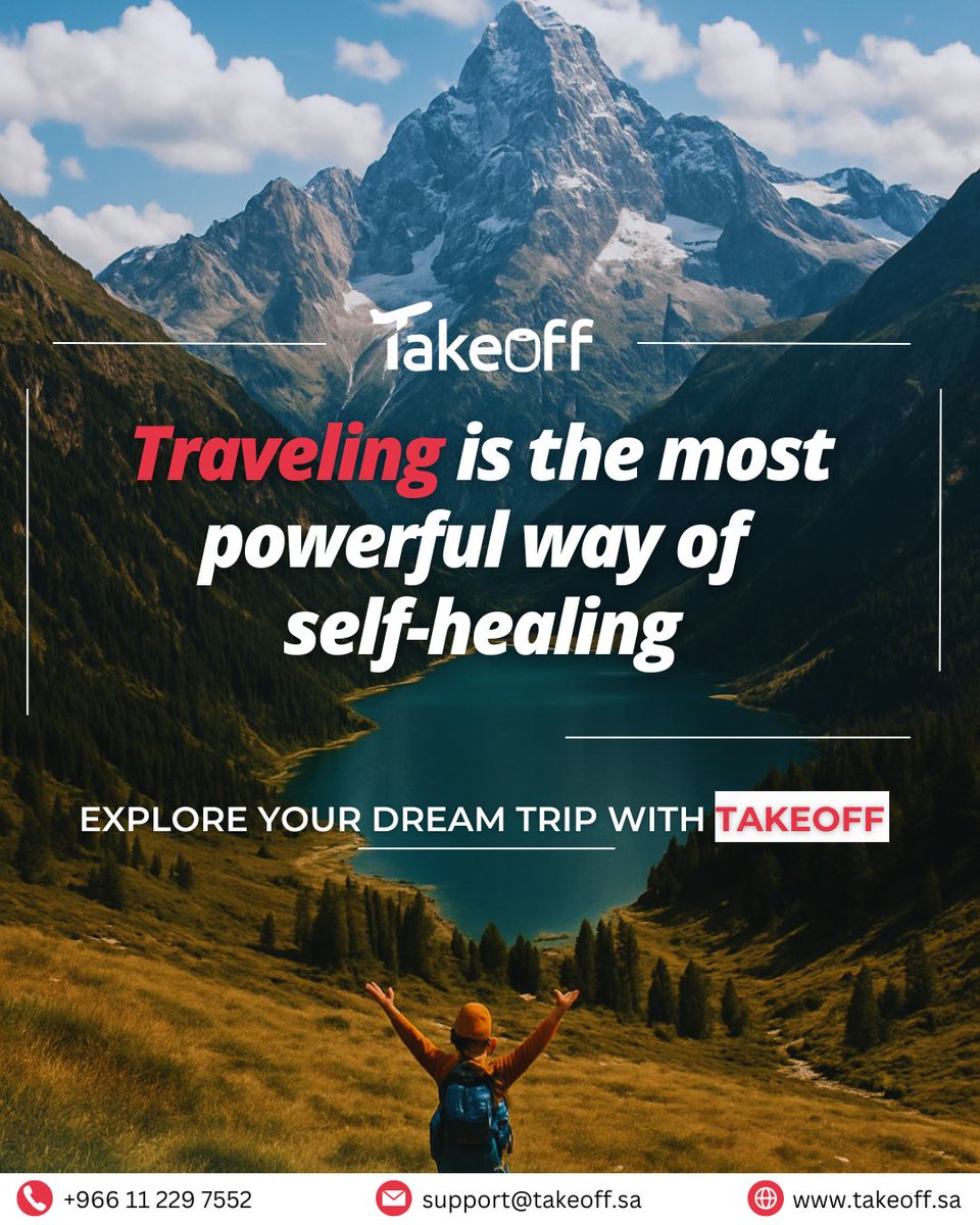 takeoff_saudi's tweet photo. Travel heals more than time ever could. Whether it's mountains or memories, find yourself through travel. Your dream trip starts with #TakeOff.   

📲 WhatsApp: +966 11 229 7552 
🌐 Book now: https://t.co/x7mGFNXmQS  

#Quoteoftheday #TravelGoals #TravelTips #TravelAddict https://t.co/6gISQVoiqO