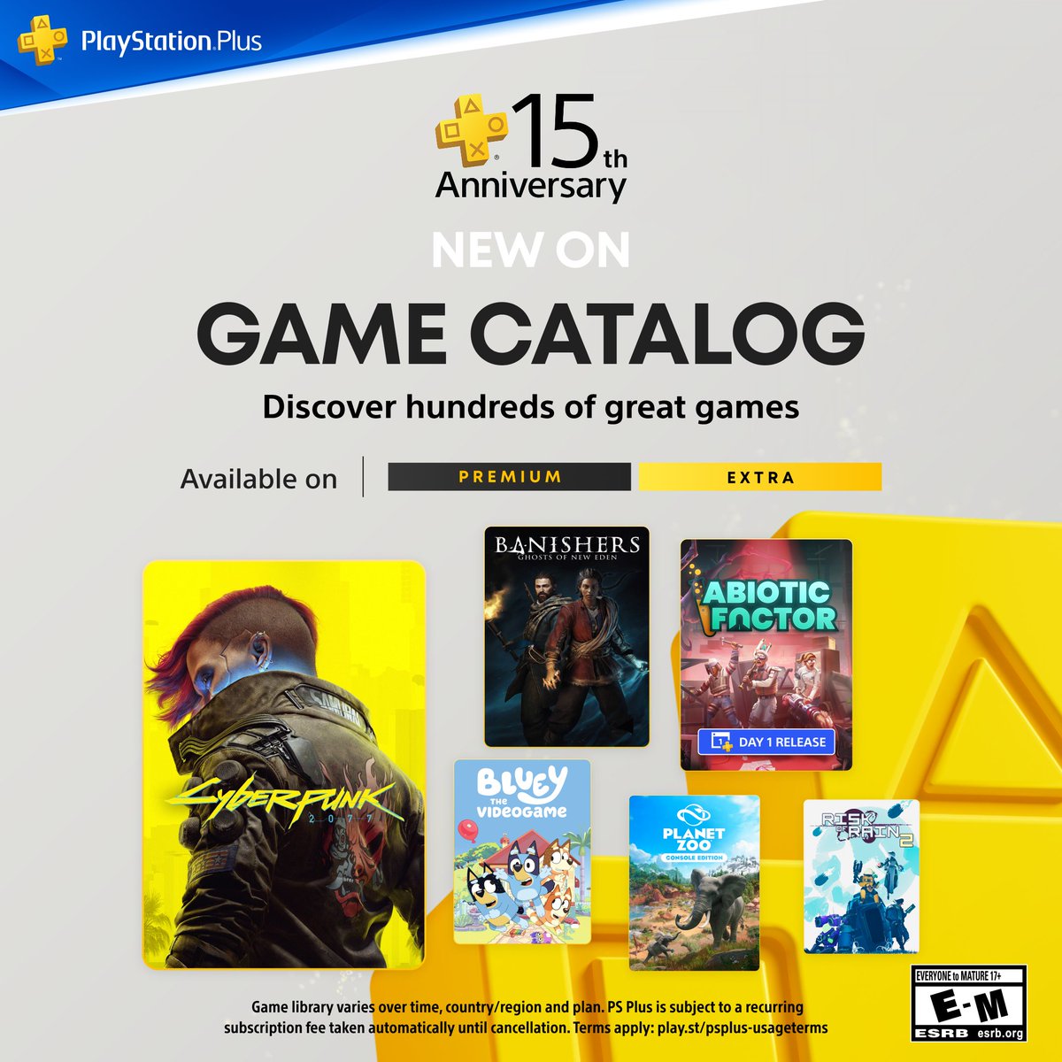 The PlayStation Plus Game Catalog lineup for July includes:

🧬 Cyberpunk 2077 - available today
🧪 Abiotic Factor - July 22
👻 Banishers: Ghosts of New Eden - July 15
🦒 Planet Zoo - July 15

…and more. Full details: play.st/4ln3x9d