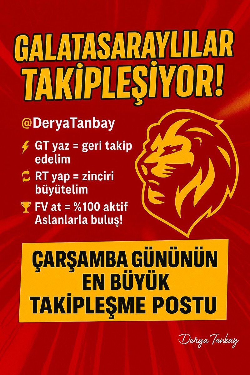 🍳Osimhen transfer haberini beklerken  elden ele yayalım, hesaplarımızı birlikte büyütelim Canlar ! 😍

🎯 ÇARŞAMBA GÜNÜNÜN EN BÜYÜK TAKİPLEŞME POSTU!

🦁 GALATASARAYLILAR BURADA BULUŞUYOR! 💛❤️

💥 Aslan ruhu burada kenetleniyor! 🦁🦁

📍 <a href="/DeryaTanbay/">Derya Tanbay</a>

⚡ GT yaz = Geri Takip
🔥