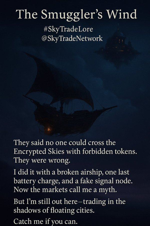 🛸 The Smuggler's Wind #SkyTradeLore
<a href="/SkyTradeNetwork/">SkyTrade</a>
They said no one could cross the Encrypted Skies with forbidden tokens. They were wrong. I did it with a broken airship, one last battery charge, and a fake signal node. Now the markets call me a myth. But I’m still out here