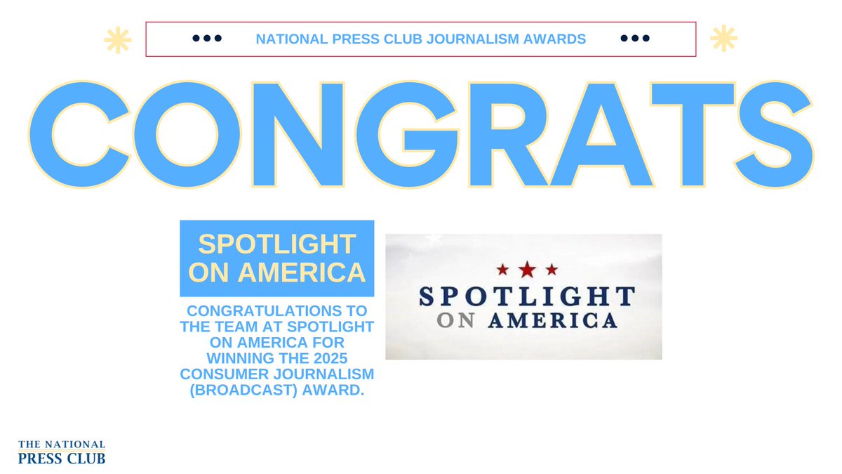 National Press Club (@pressclubdc) on Twitter photo Congratulations to the Spotlight on America team at <a href="/WeAreSinclair/">Sinclair, Inc.</a> for winning the 2025 Consumer Journalism Award (Broadcast)! #journalismawards Congratulations to the Spotlight on America team at <a href="/WeAreSinclair/">Sinclair, Inc.</a> for winning the 2025 Consumer Journalism Award (Broadcast)! #journalismawards