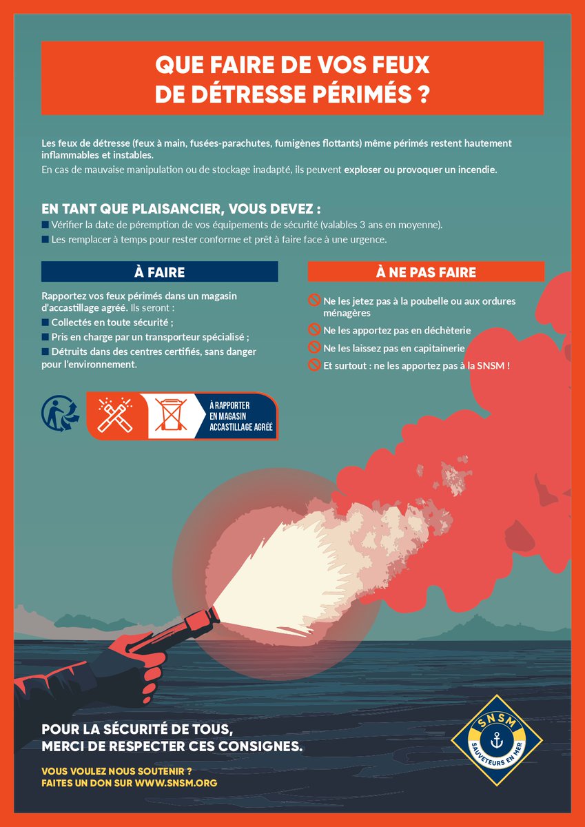 SauveteursenMer's tweet image. [RAPPEL SÉCURITÉ] 🚨 Un feu de détresse périmé reste dangereux même s’il n’a pas servi ⚠️ Il peut exploser ou provoquer un incendie 💥 Rapportez-le en magasin d’accastillage agréé, pas à la #SNSM 🚫 Vérifiez les dates de péremption de vos équipements et renouvelez-les à temps 👀