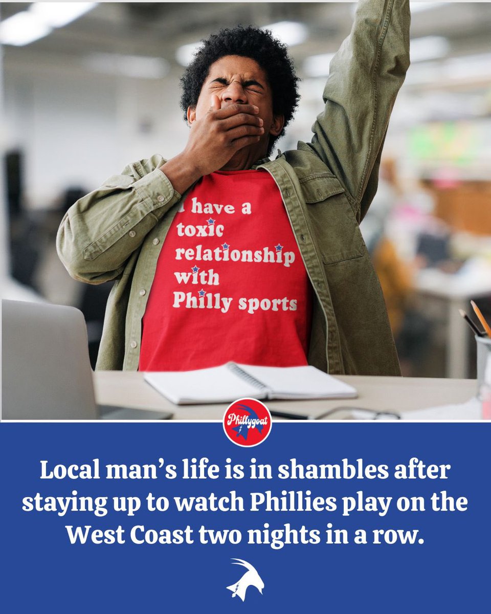 Phillygoatco's tweet image. Upper Darby PA resident Harold Jenkins is barely hanging on to his career and his family after staying up late the past two nights to watch the Phillies play on the West Coast.
“I slept through my alarm the past two mornings and missed a crucial Q3 earnings all-hands meeting at…
