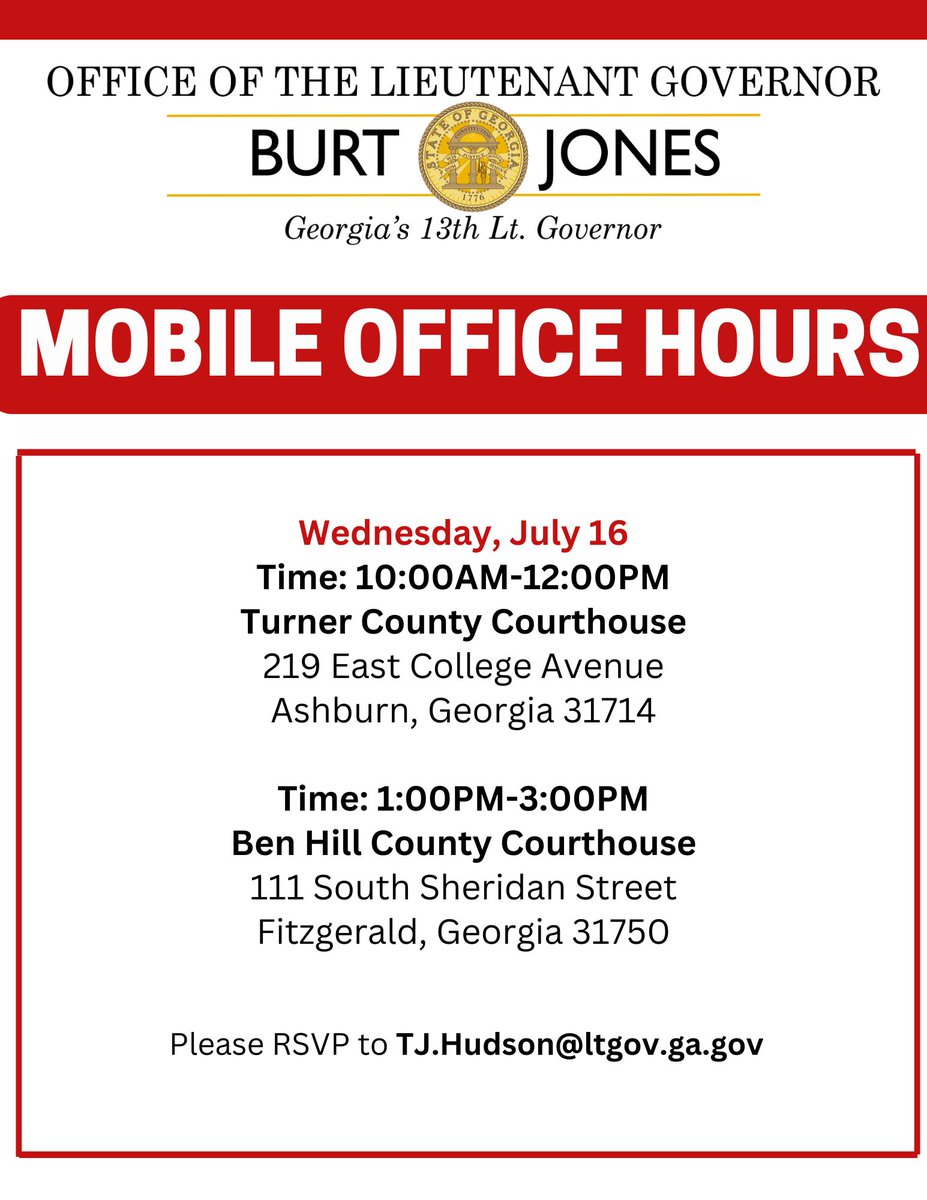 LtGovJonesGA's tweet image. Wednesday, July 16th, Mobile Office Hours will be in Turner and Ben Hill Counties! Meet with my team as they discuss the most important issues for you and your community.
We hope to see you there! #gapol