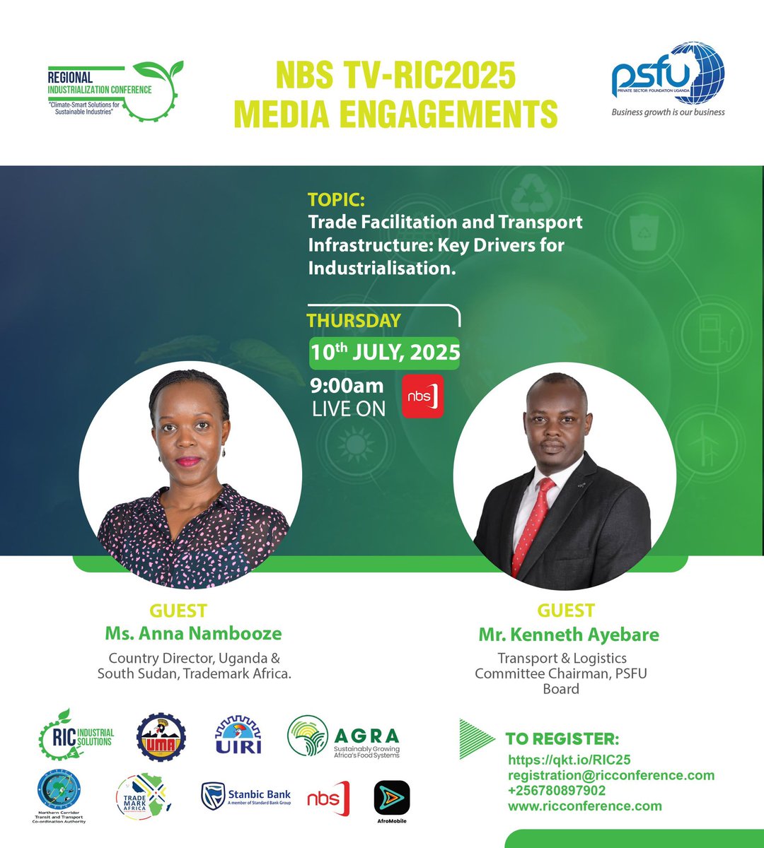 The conversation about Industrialization continues tomorrow 10th July on <a href="/nbstv/">NBS Television</a> at 9am as we build up to #RICCONFERENCE #RIC2025. 

Join <a href="/TradeMarkAfrica/">TradeMark Africa</a> ‘s <a href="/AnnaNambooze/">Anna Nambooze</a> and <a href="/PSF_Uganda/">Private Sector Foundation Uganda</a> Transport &amp;Logistics Chair as they discuss Drivers for Industrialization.

<a href="/newsUMA/">UgandaManufacturersAssn®</a> <a href="/UIRI_UG/">Uganda Industrial Research Institute</a>
