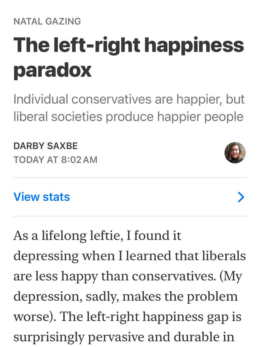 darbysaxbe's tweet image. My new Substack is about the paradox of the partisan happiness gap: conservatives are happier than liberals, but left-wing societies produce happier people. open.substack.com/pub/darbysaxbe…