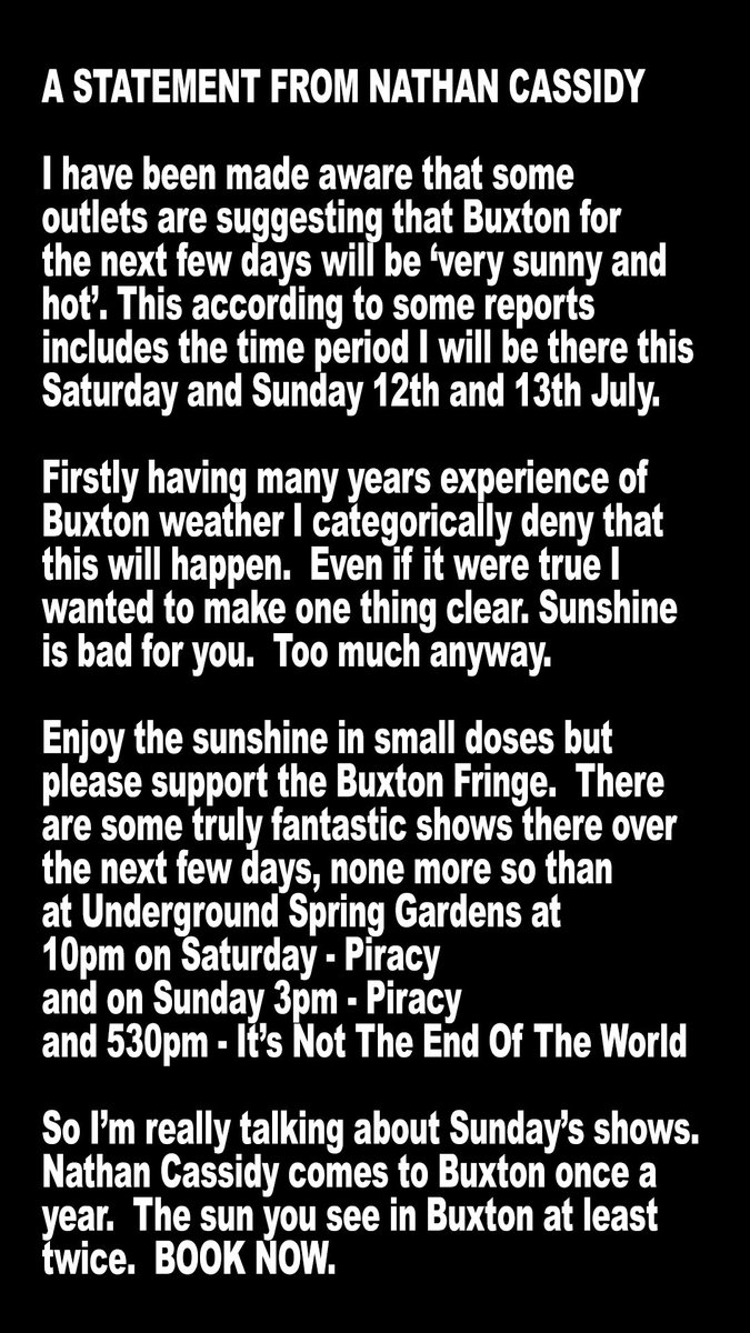 nathancassidy's tweet photo. A STATEMENT FROM NATHAN CASSIDY
@buxtonfringe @underthefringe
BOOK NOW!
https://t.co/UWpb0EMSGI
#CassidyPiracy #CassidyEnd https://t.co/Cenh3Vx3kR