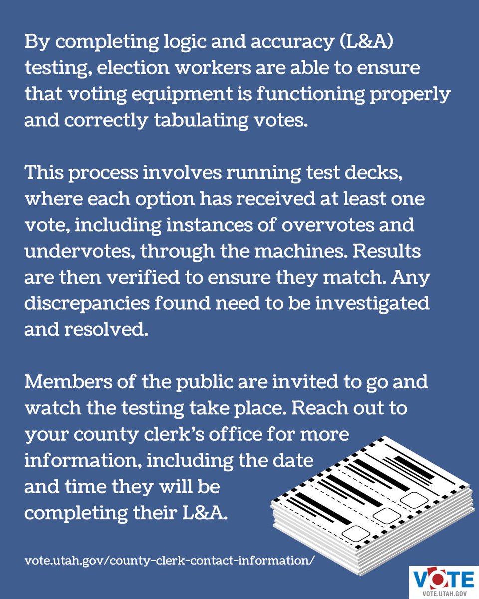 ElectionsUtah's tweet image. Ever wonder how we ensure voting machines are accurate? 🤔 It's all thanks to Logic & Accuracy (L&A) testing! Election workers run test ballots to make sure every vote is counted correctly. You can even watch it happen! Contact your county clerk for details.
#VoteUtah
