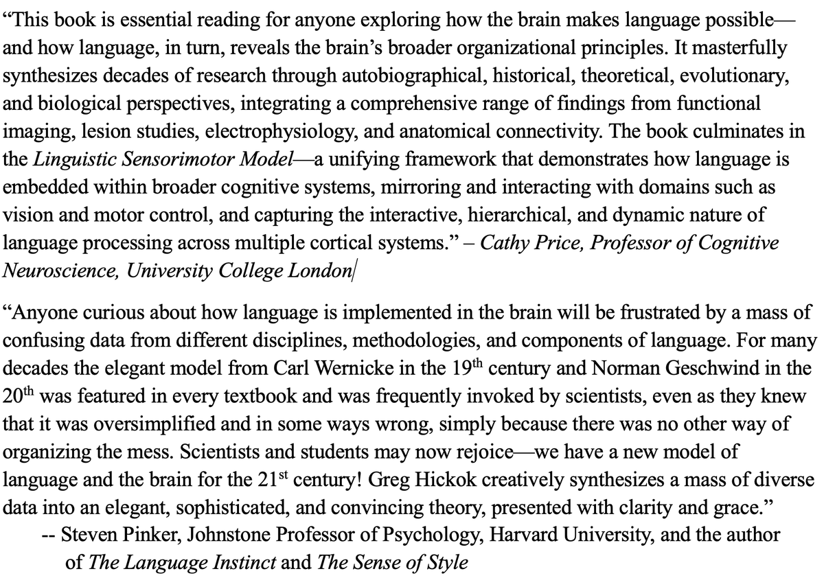 GregoryHickok's tweet image. Honored to have such nice endorsements from Cathy Price and @sapinker for my forthcoming book, Wired for Words. mitpress.mit.edu/9780262553414/…