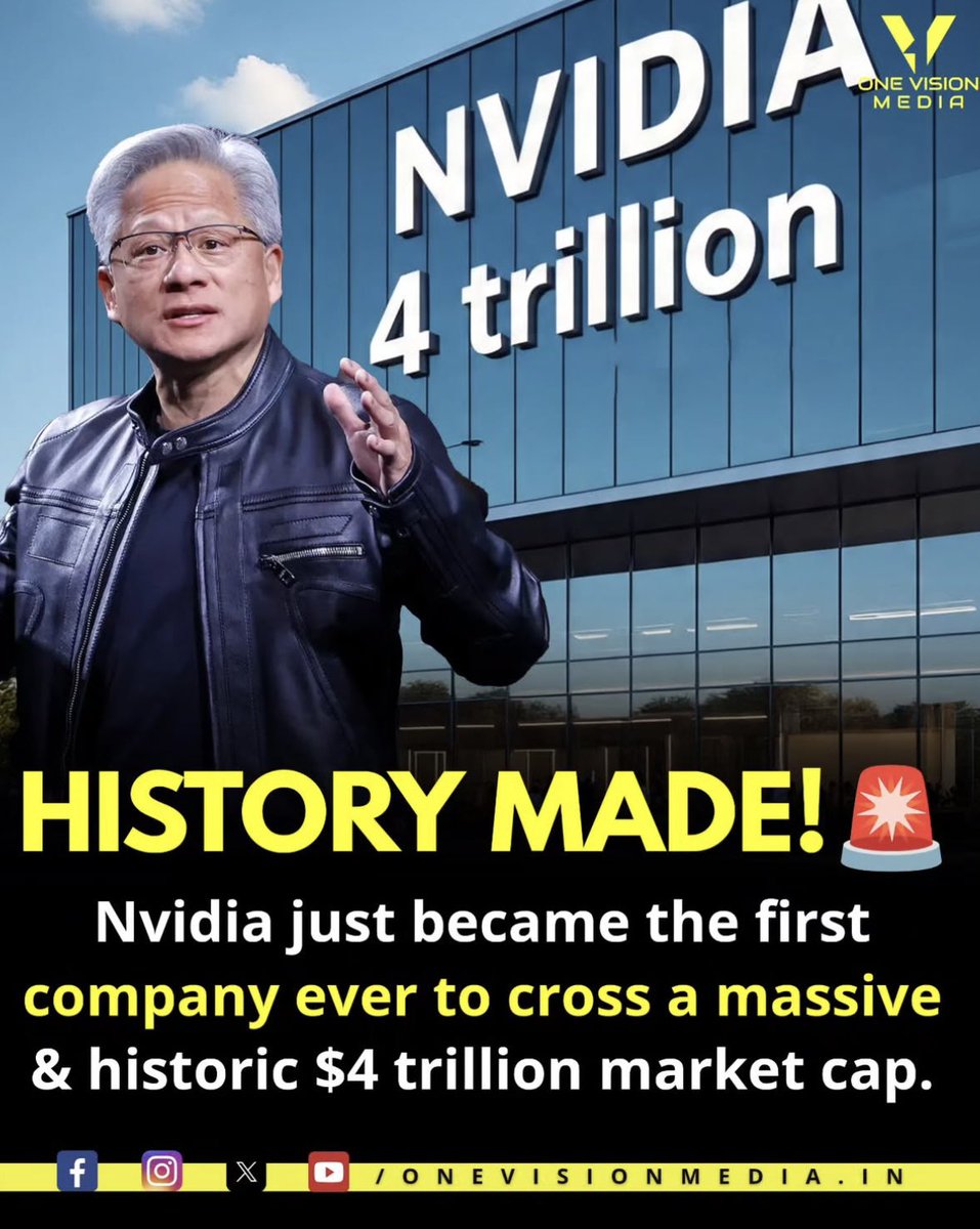 onevision_media's tweet photo. 🚨History Made : Nvidia just became the first company ever to cross a massive & historic $4 trillion market cap.
#NVIDIA #marketcap #FirstCompany https://t.co/rzIuD5KgSW