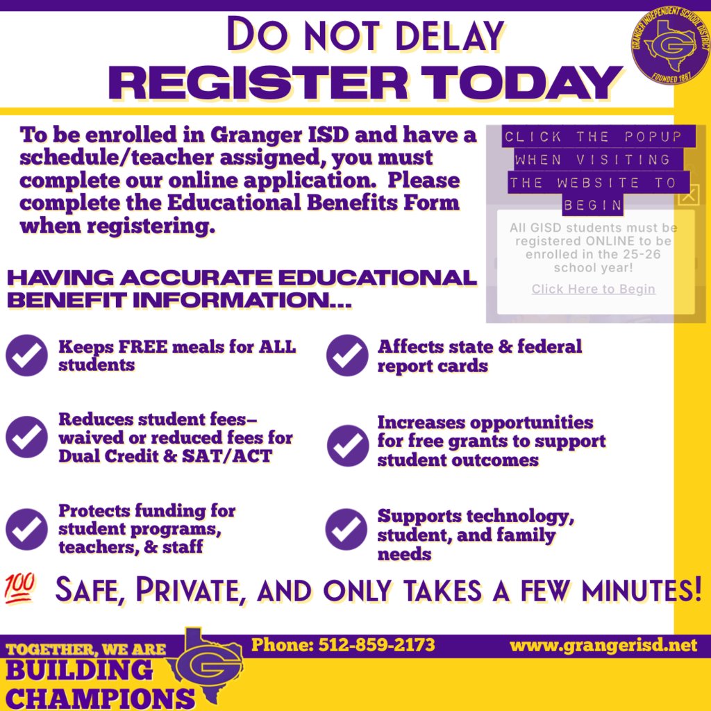 Granger_Lions's tweet image. Don't Delay, Register Today ! 
#GHSPride #TogetherWeAreBuildingChampions