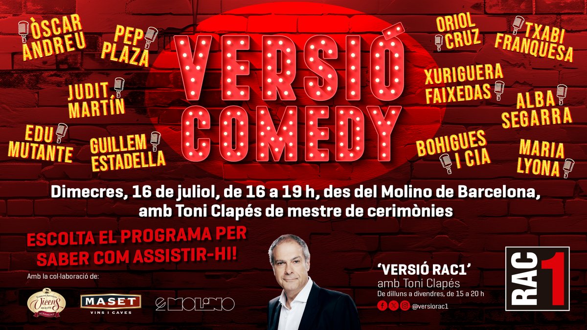 😂 Dimecres 16 de juliol, 'VERSIÓ COMEDY'

➡️ Vols viure una tarda de MONÒLEGS amb l'equip del programa i un grapat de convidats?

👇 Apunta-t’hi aquí i participa en el sorteig d'entrades.
radiocat.typeform.com/versiocomedy25

Amb la col·laboració de <a href="/TorronsVicens/">Torrons Vicens</a> i <a href="/maset/">Maset</a>