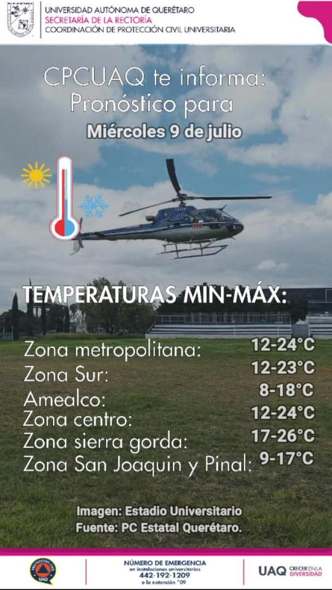 cpcuaq's tweet photo. 📝#pronósticodeltiempo para miércoles 9 de julio:

🌬Vientos ligeros a moderados Max 20Km/h,
🌥 cielos parcialmente cubiertos.
🔵 Pronóstico de lluvias ligeras a moderadas en el Estado🌧
#CrecerEnLaDiversidad
#CuidémonosEnComunidad
@UAQmx @TvUAQ https://t.co/AoXoRldSZp