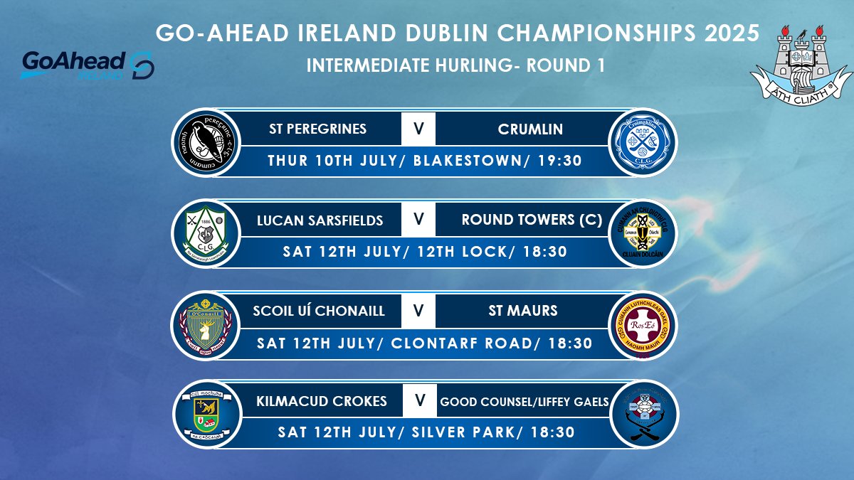 The Go-Ahead Ireland Dublin Intermediate Hurling Championship gets underway this week. 

Check out the opening round fixtures below 👇

Full opening week fixture details can be found here ➡️ bit.ly/4lrUpQM