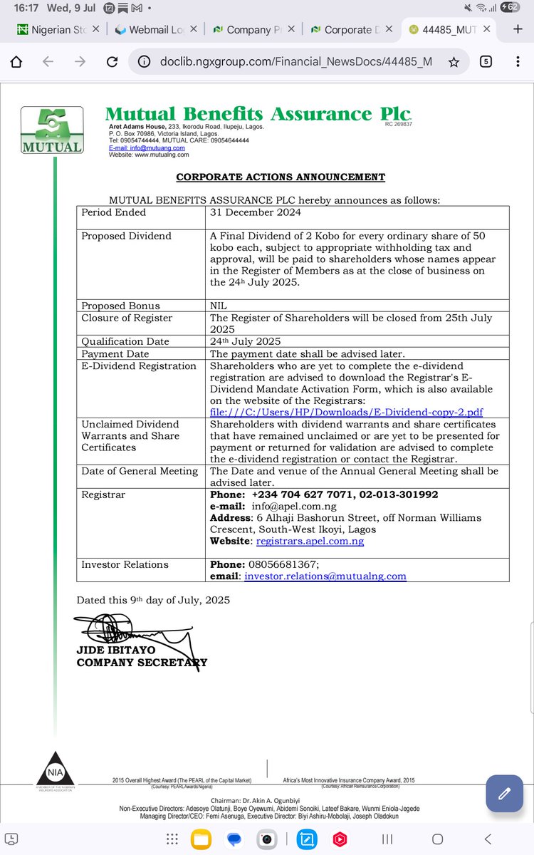 Audited FY 24 nos are over 3 months late.

 A minuscule dividend of 2 kobo per share (for a company that made 54 kobo) is proposed. Then management does a TBD for dividend payment. At this rate, the earliest it will be paid is August. 

This is shoddy planning.
