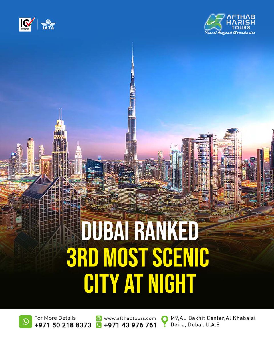Afthab_Tours's tweet photo. Dubai has been ranked the world’s third most picturesque city to experience after dark, based on Travelbag’s 2025 study, which assessed Instagram popularity, light and noise levels, nightlife, and safety.
#DubaiNights #CityOfLights #TravelDubai #DubaiViews https://t.co/Z8eEGCqSGI