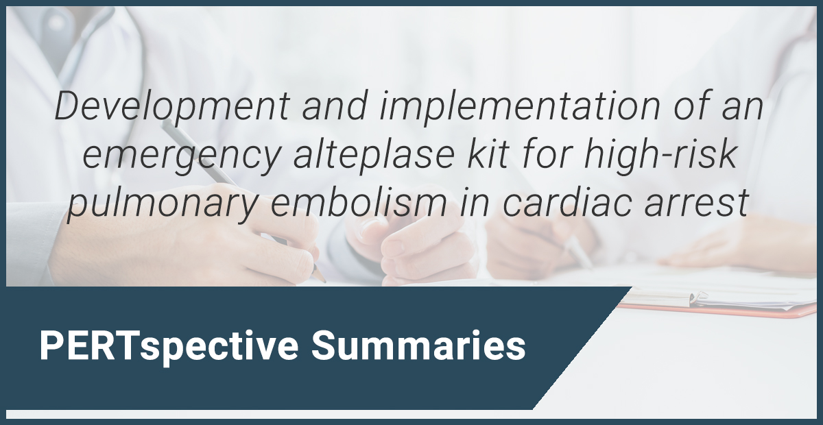 PERTConsortium's tweet image. Stay sharp with curated summaries of recent pulmonary embolism research - reviewed by members of The Consortium.

Dr. Michael Karass wrote his latest PERTspective on &quot;Development and implementation of an emergency alteplase kit for high-risk pulmonary embolism in cardiac arrest.&quot;…