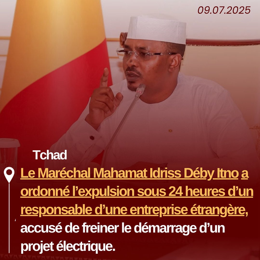 Tribuneechos's tweet photo. 🔴🇹🇩#Tchad: Le Maréchal Mahamat Idriss Déby Itno #expulse un responsable étranger entravant un projet électrique et menace de #sanctions les cadres #défaillants. https://t.co/ya3TQ1ZRtl
