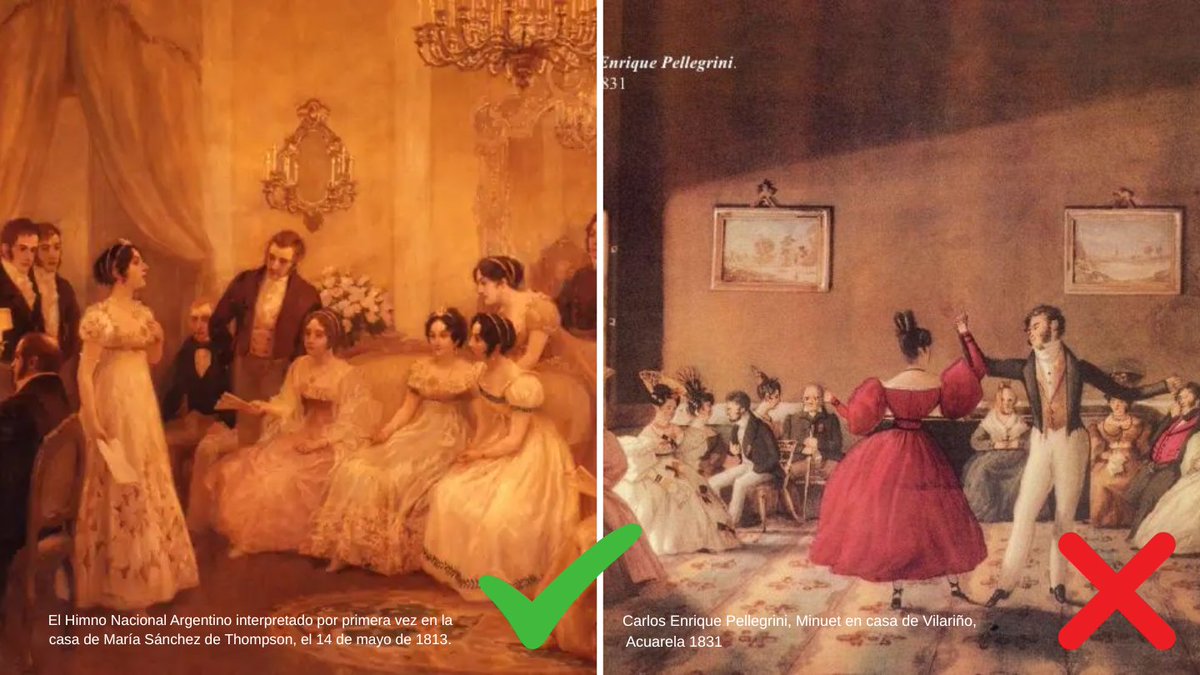 Este es su recordatorio anual de que la mujer argentina de 1816 estaba más cerca de Orgullo y Prejuicio que de las damas dntiguas de los actos escolares. 
La silueta de falda amplia es algo que recién vamos a ver durante el periodo Rosista. El volumen y redondez se conseguía con
