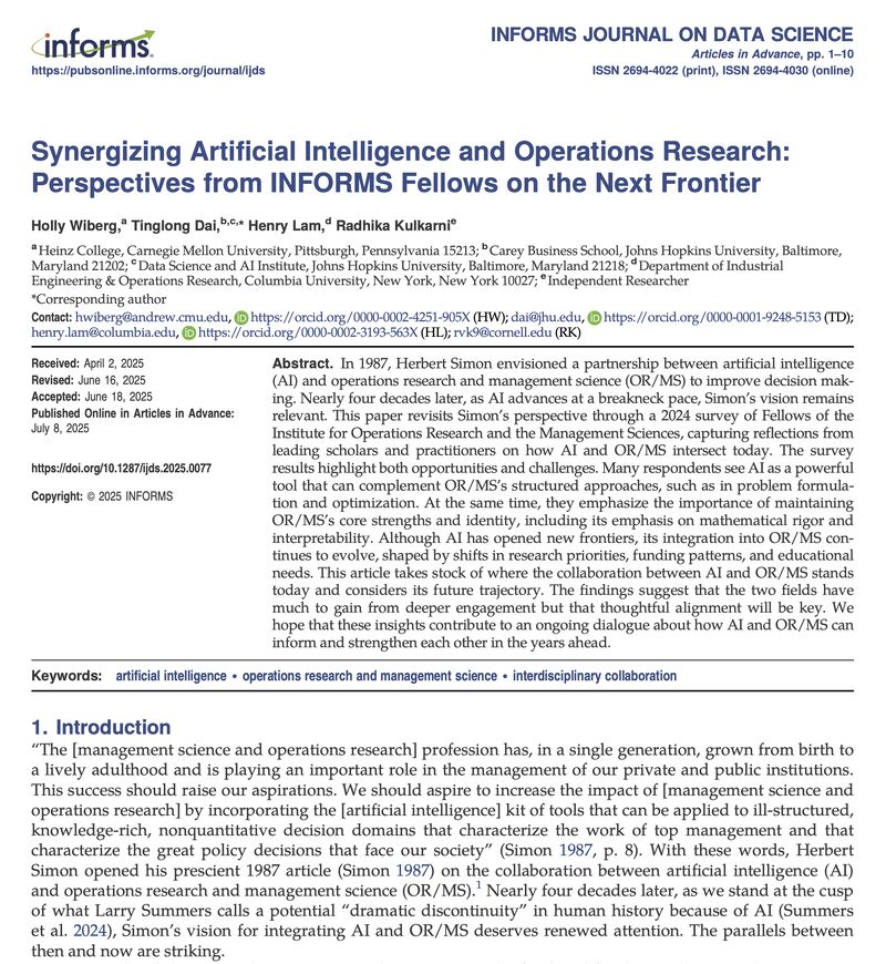 Tinglong Dai (@tinglongdai) on Twitter photo “Instead of differentiating between OR and AI, we need to confuse, blend, and synthesize them as much as possible.”
So urged Herbert A. Simon, the only human being to have received both The <a href="/NobelPrize/">The Nobel Prize</a> in Economic Sciences and The Turing Award.
That was nearly 40 years ago, “Instead of differentiating between OR and AI, we need to confuse, blend, and synthesize them as much as possible.”
So urged Herbert A. Simon, the only human being to have received both The <a href="/NobelPrize/">The Nobel Prize</a> in Economic Sciences and The Turing Award.
That was nearly 40 years ago,